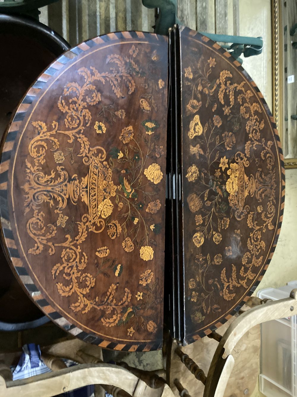 A near pair of 18th century Dutch floral marquetry walnut triple folding tea and card tables, larger 84cm x 40cm height 76cm